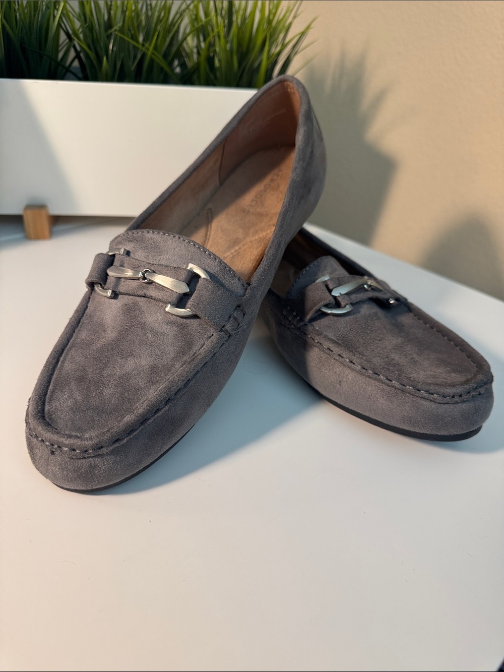 AEROSOLES Gray Suede Loafers with Silver Hardware